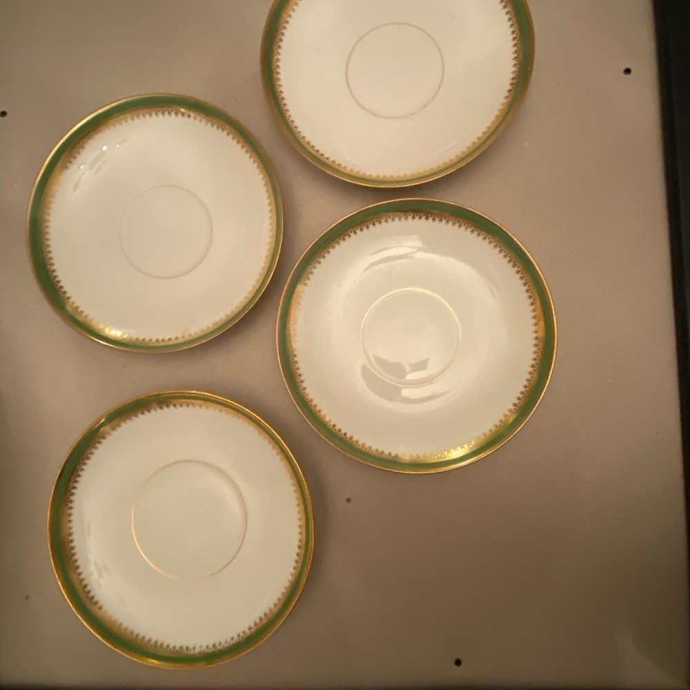 D & C Limoges Elegant Gold and Green Rimmed Porcelain Saucer Set